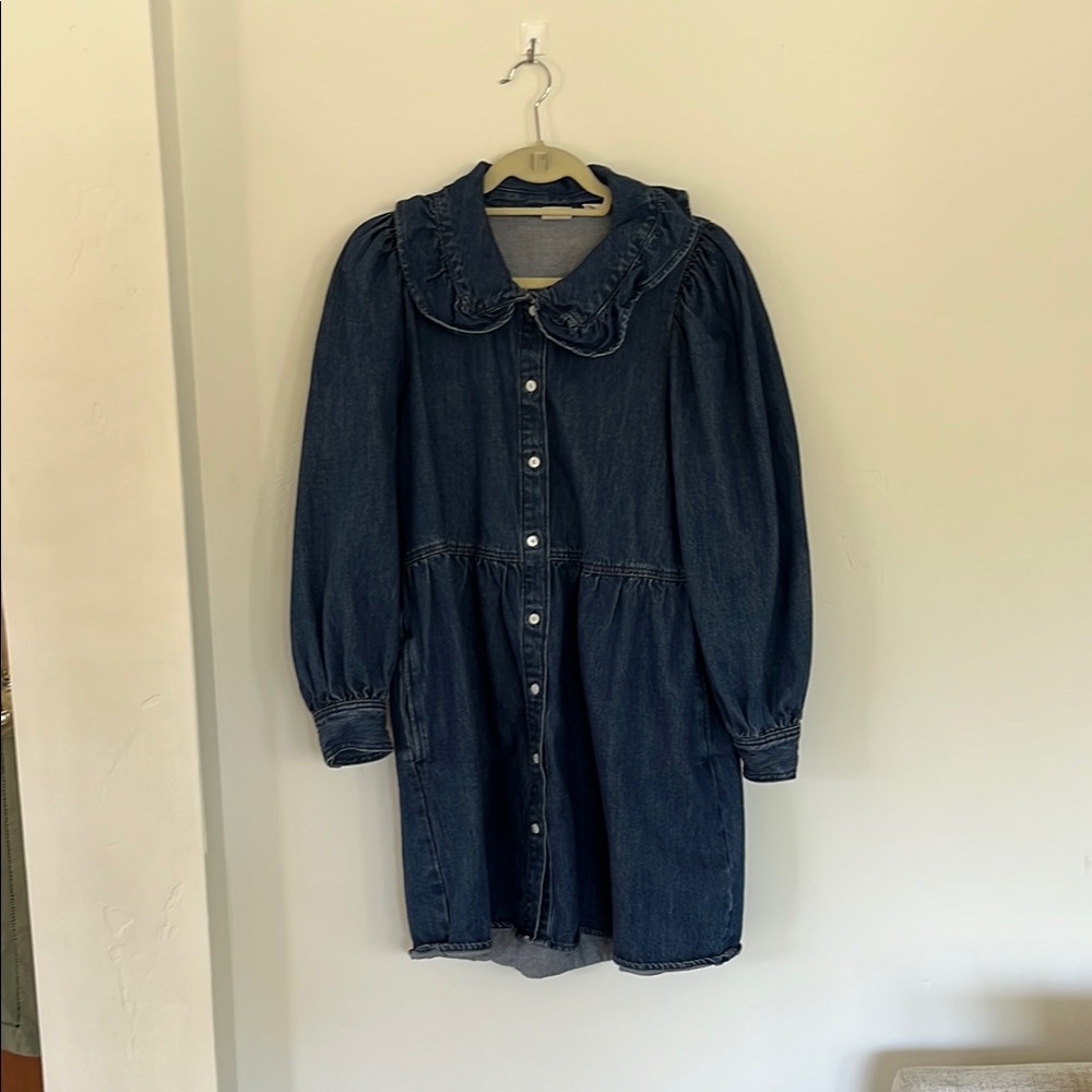 Blue Denim Dress with Ruffled Collar